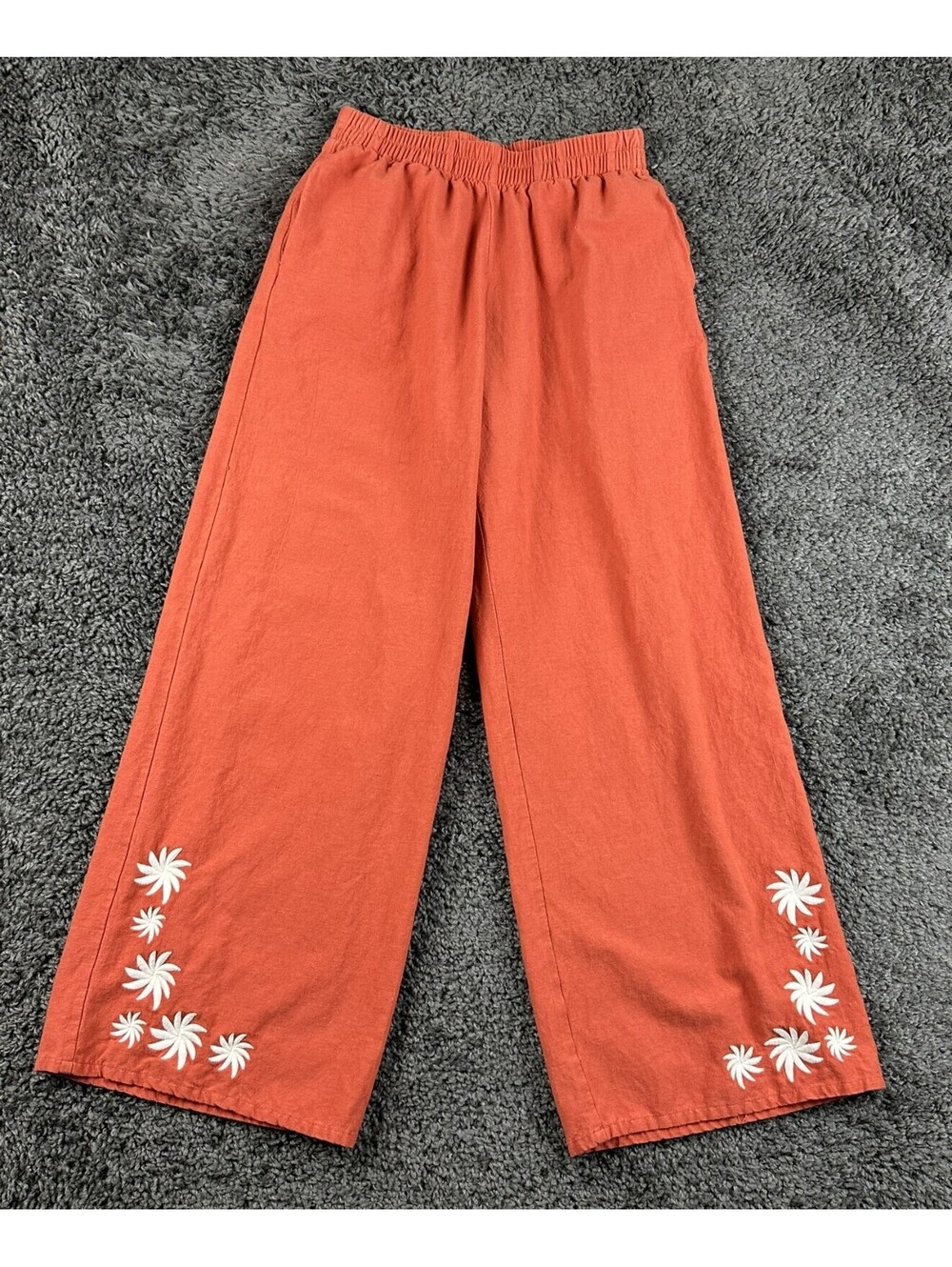 Rhythm Womens Linen Blend Wide Leg Pants Orange Sz 2 Floral Embroidered Pull On